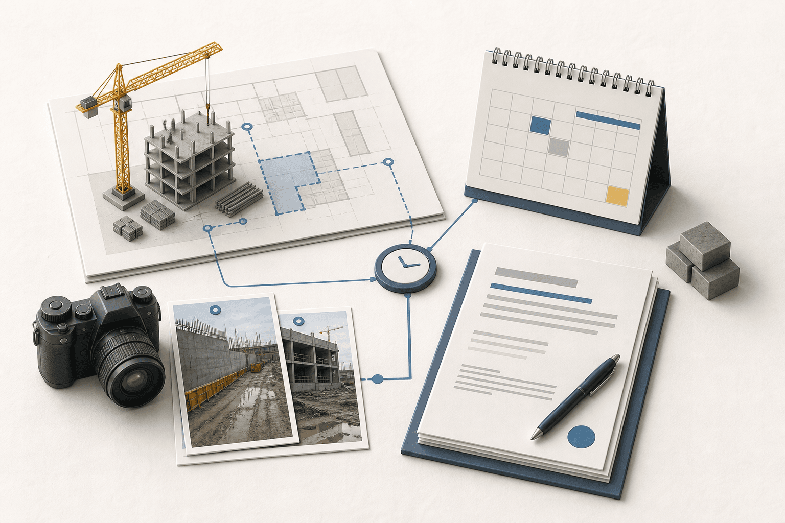 Bauplan, Fotos, Terminübersicht und Dokument für eine klar beschriebene Behinderung